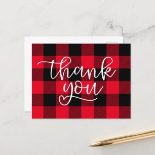 Black and Red Buffalo Plaid Heart Thank You Postcard