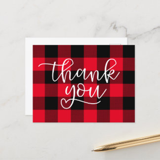 Black and Red Buffalo Plaid Heart Thank You Postcard