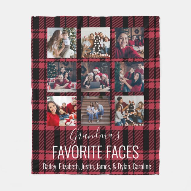 Black and Red Buffalo Plaid Personalised 9 Photo Fleece Blanket (Front)