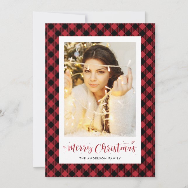 Black and Red Buffalo Plaid Photo Christmas Cards (Front)