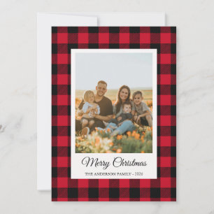 Black and red buffalo plaid photo Holiday Card