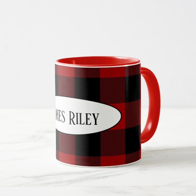 black and red buffalo plaid with name mug (Front Right)