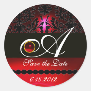 BLACK AND RED BURGUNDY DAMASK MONOGRAM, Ruby Classic Round Sticker
