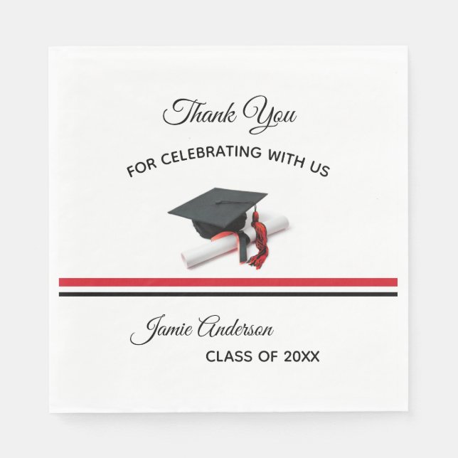 Black and Red Cap & Tassel | Graduation Party Napkin (Front)