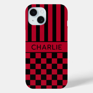 Black and Red Chequered Striped Personalised iPhone 15 Case