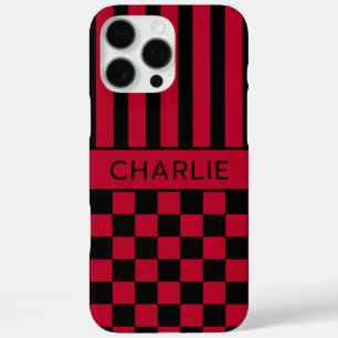 Black and Red Chequered Striped Personalised iPhone 16 Pro Max Case