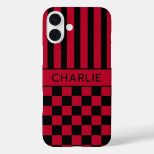 Black and Red Chequered Striped Personalised iPhone 16 Plus Case