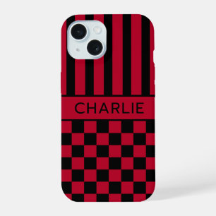 Black and Red Chequered Striped Personalised iPhone 15 Case