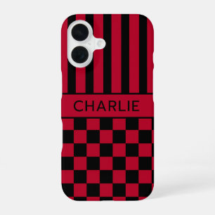 Black and Red Chequered Striped Personalised iPhone 16 Case