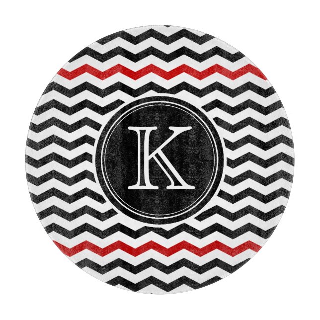 Black and Red Chevron Monogram Cutting Board (Front)