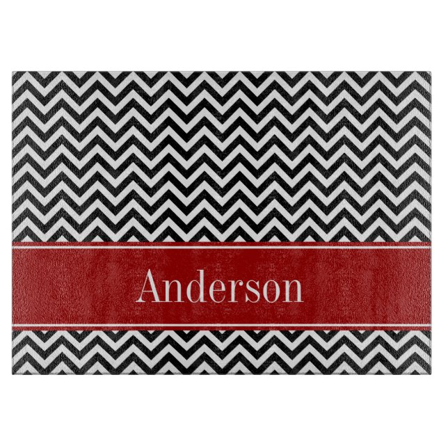 Black and Red Chevron Pattern Personalised Cutting Board (Front)