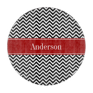 Black and Red Chevron Pattern Personalised Cutting Board