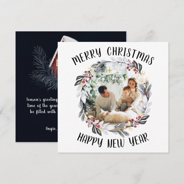 Black and Red Christmas Wreath Photo Holiday Card (Front/Back)