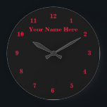 Black and Red Clock with Custom Text and Colors<br><div class="desc">Custom Colors and Fonts - Personalized Beautiful Black and Red Wall Clocks - Add Your Text Name with Customization tool ! or Choose / add your favorite background and number colors / fonts / size ! Good Luck - Be Happy :) MIGNED Design</div>