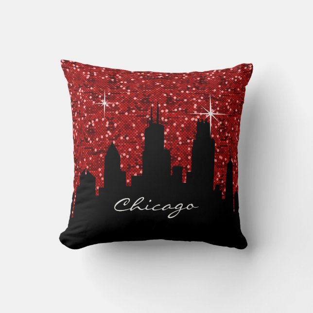 Black and Red Confetti Glitter Chicago Skyline Cushion (Front)