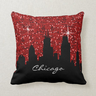 Black and Red Confetti Glitter Chicago Skyline Cushion