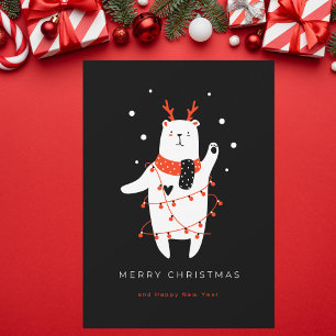 Black and Red Cute Bear Christmas Postcard