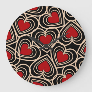 Black and Red Cute Simple Heart Pattern Large Clock