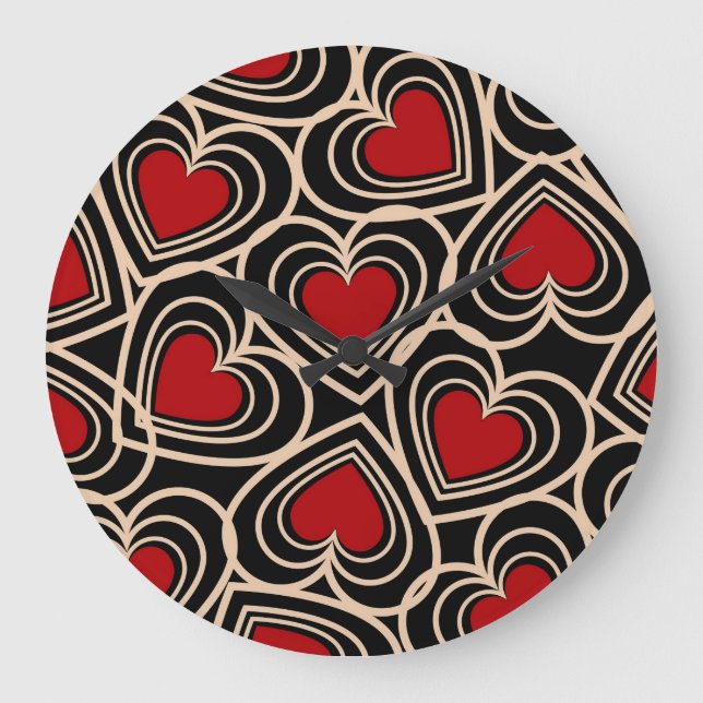 Black and Red Cute Simple Heart Pattern Large Clock (Front)