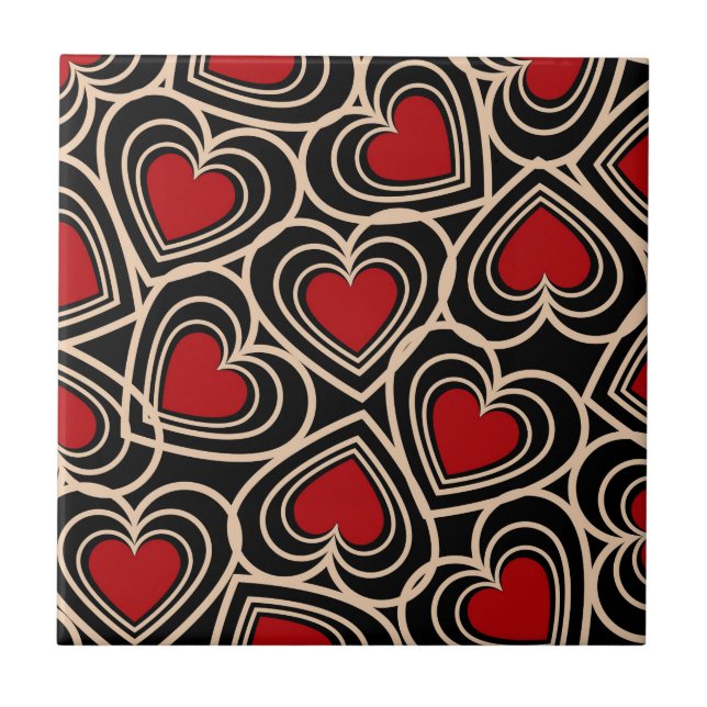 Black and Red Cute Simple Heart Pattern Tile (Front)