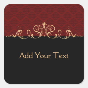 Black and Red Damask Gold Scroll Square Sticker