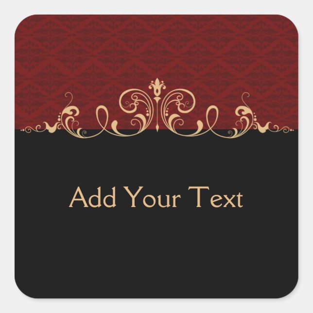 Black and Red Damask Gold Scroll Square Sticker (Front)