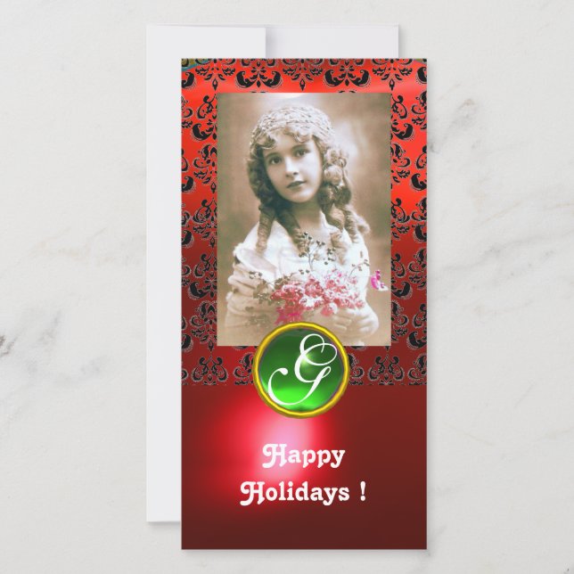BLACK AND RED DAMASK Green Emerald Monogram Holiday Card (Front)