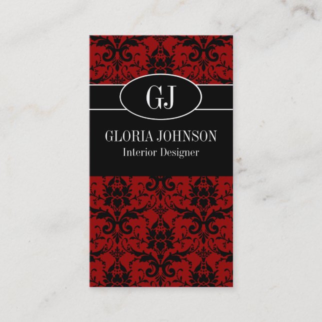 Black and Red Damask Monogram Business Card (Front)