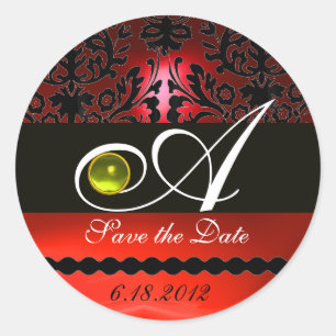 BLACK AND RED DAMASK MONOGRAM, Yellow Topaz Classic Round Sticker