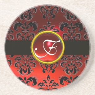 BLACK AND RED DAMASK RUBY Monogram Coaster
