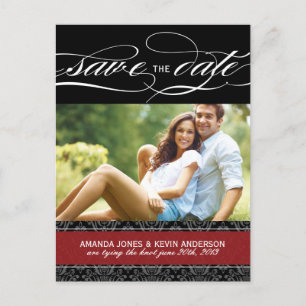 Black and Red Damask Save the Date Announcement Postcard