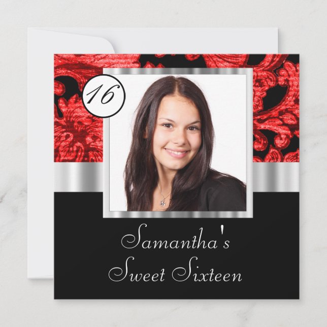 Black and red damask sweet sixteen invitation (Front)