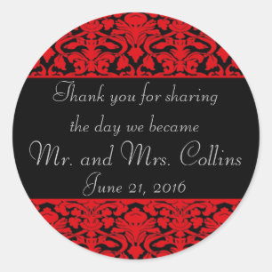 Black and Red Damask Thank You Stickers