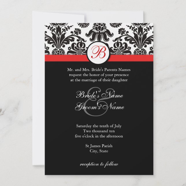 Black and Red Damask Wedding Invitation (Front)