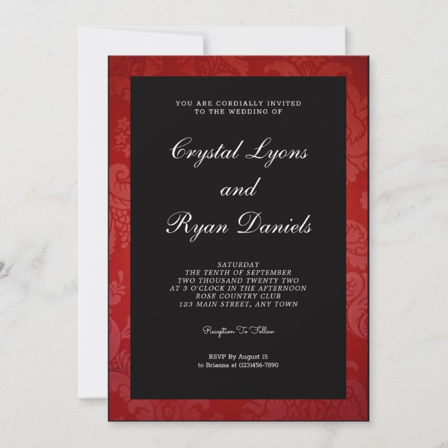 Black and Red Damask Wedding Invitation (Front)