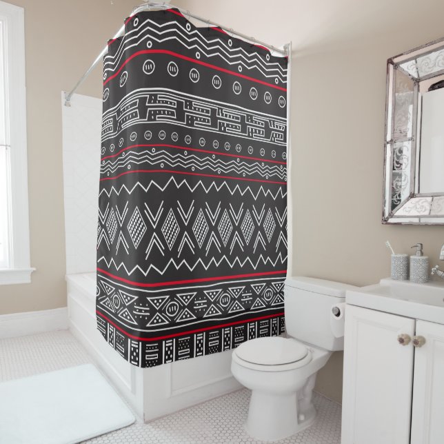 Black And Red Designer Mudcloth Shower Curtain (In Situ)