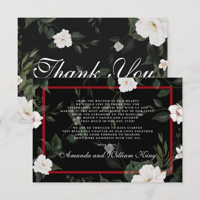 Black and Red Elegant Floral Wedding Thank You Card (Front/Back)