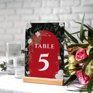 Black and Red Elegant White Floral Wedding  Table Number