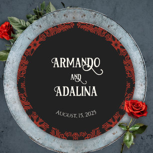Black and Red Floral Gothic Dark Elegant Wedding Classic Round Sticker