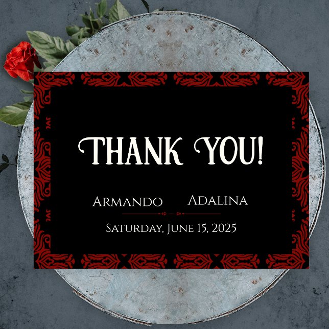 Black and Red Floral Gothic Dark Elegant Wedding Thank You Card (Black and Red Floral Gothic Dark Elegant Wedding Thank You Card)