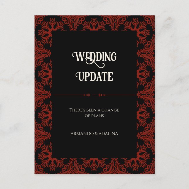 Black and Red Floral Gothic Wedding Postponement Postcard (Front)