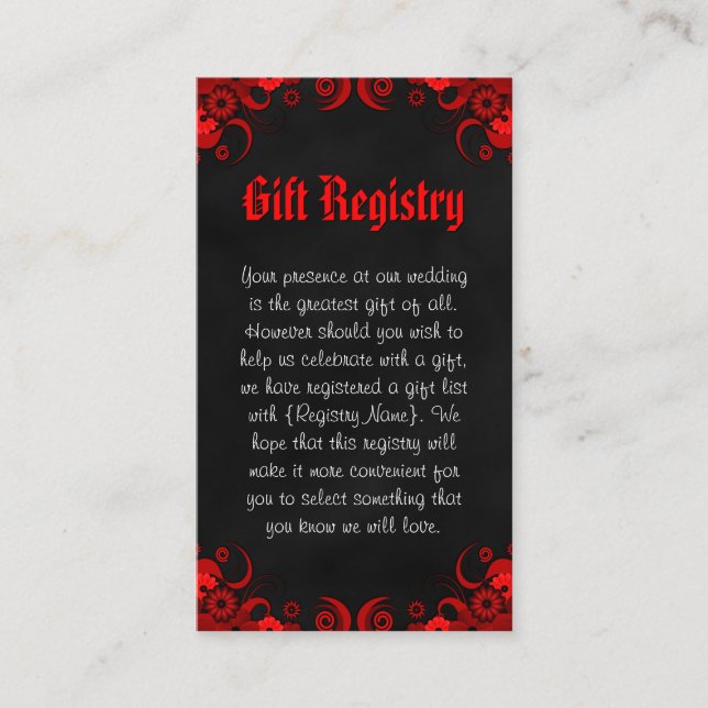 Black and Red Floral Mini Wedding Gift Registry Enclosure Card (Front)