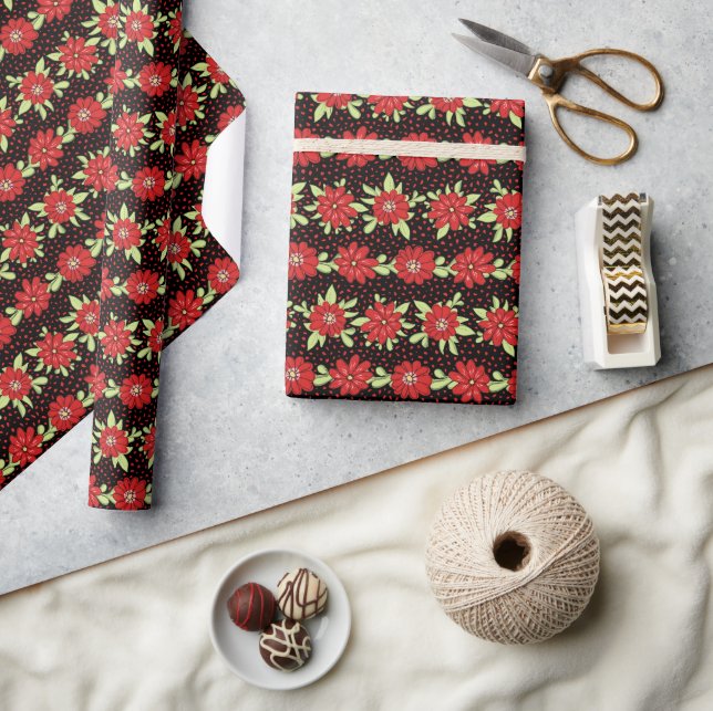 Black and Red Floral Pattern Wrapping Paper (Crafts)