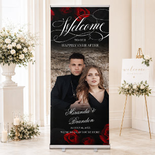 Black and Red Floral Photo Wedding Welcome Banner