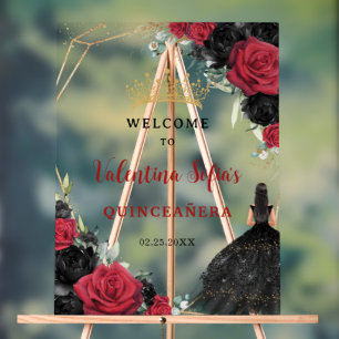 Black and Red Floral Princess Quinceañera Welcome Acrylic Sign