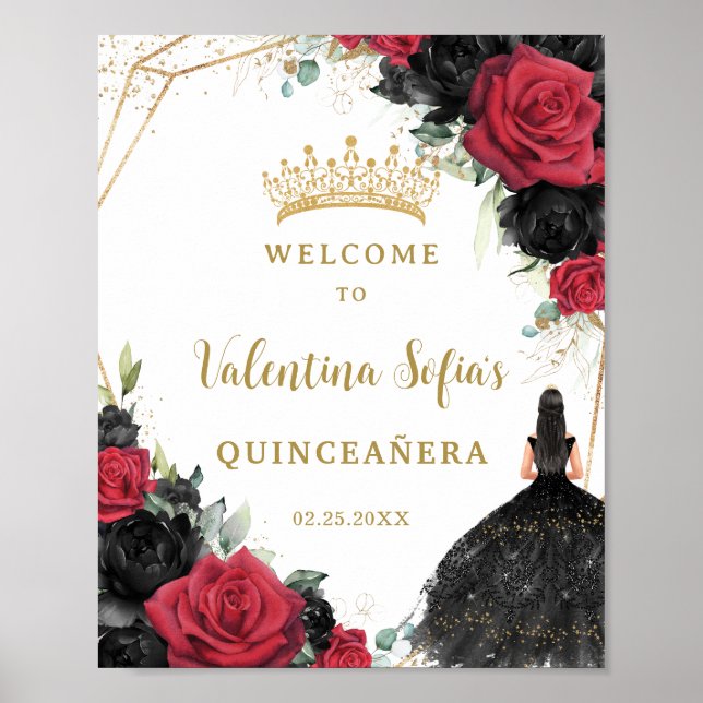 Black and Red Floral Princess Quinceañera Welcome Poster (Front)