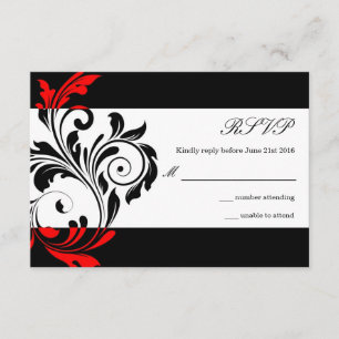 Black and Red Floral Swirl Wedding RSVP Card