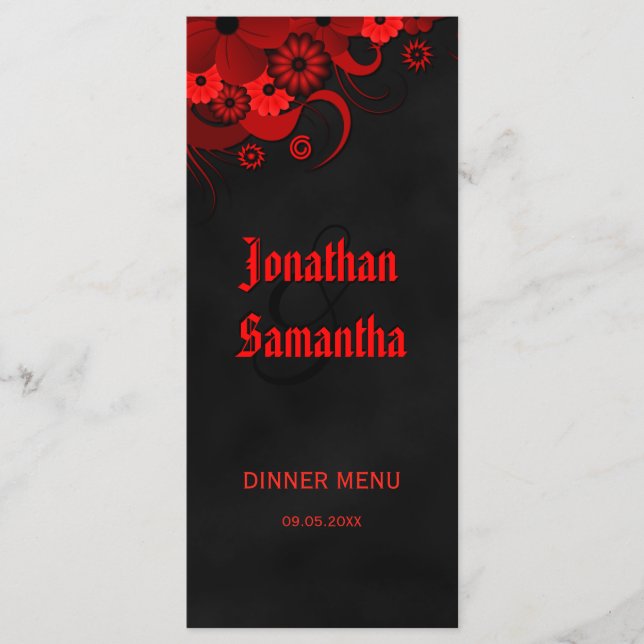 Black and Red Floral Wedding Dinner Menu Cards (Front)