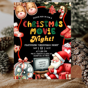 Black and Red Fun Retro Christmas Movie Night Invitation