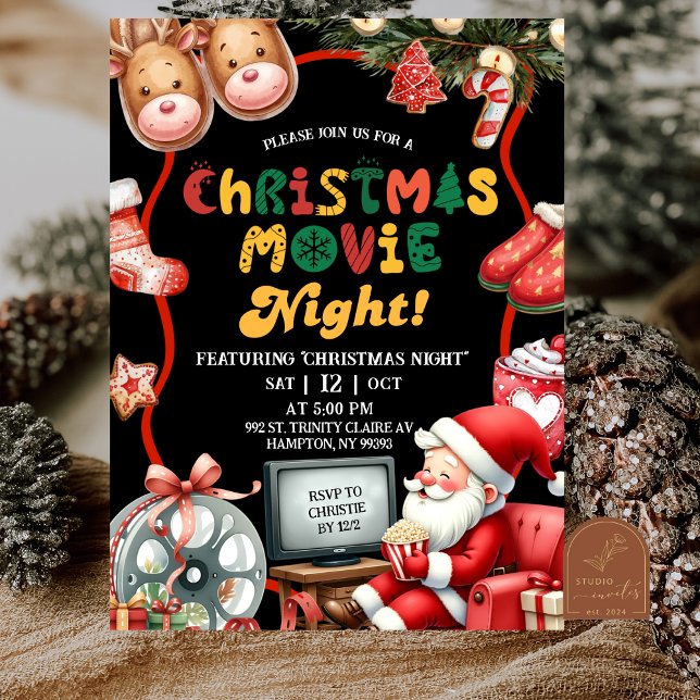 Black and Red Fun Retro Christmas Movie Night  Invitation (Creator Uploaded)
